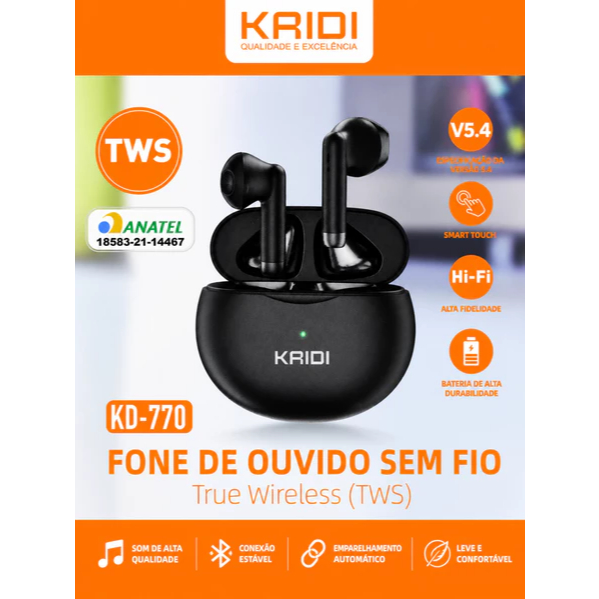 Fone de ouvido in‑ear sem fio Kaidi KD‑770 TWS preto bluetooth Original Autêntico