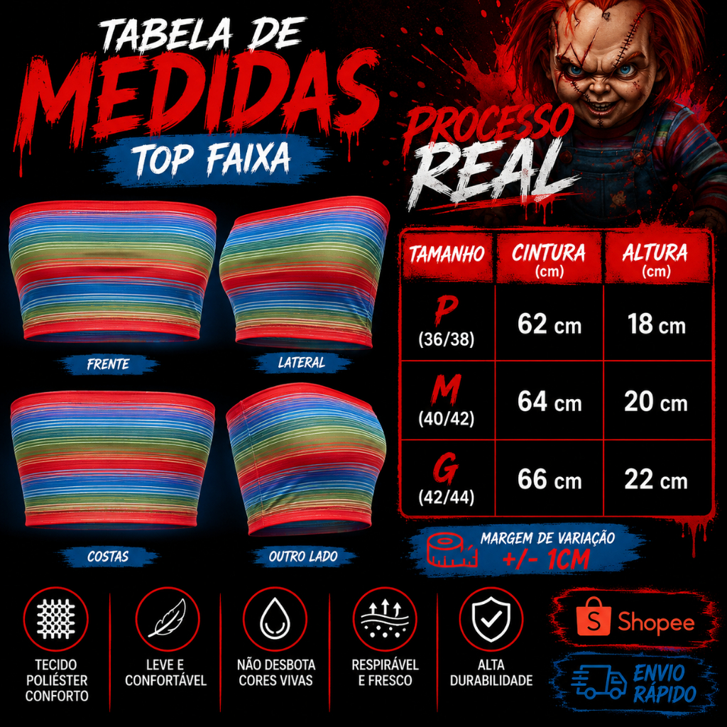 Top Faixa Halloween Fantasia Chucky Traje de Halloween Festa Moda Tumblr