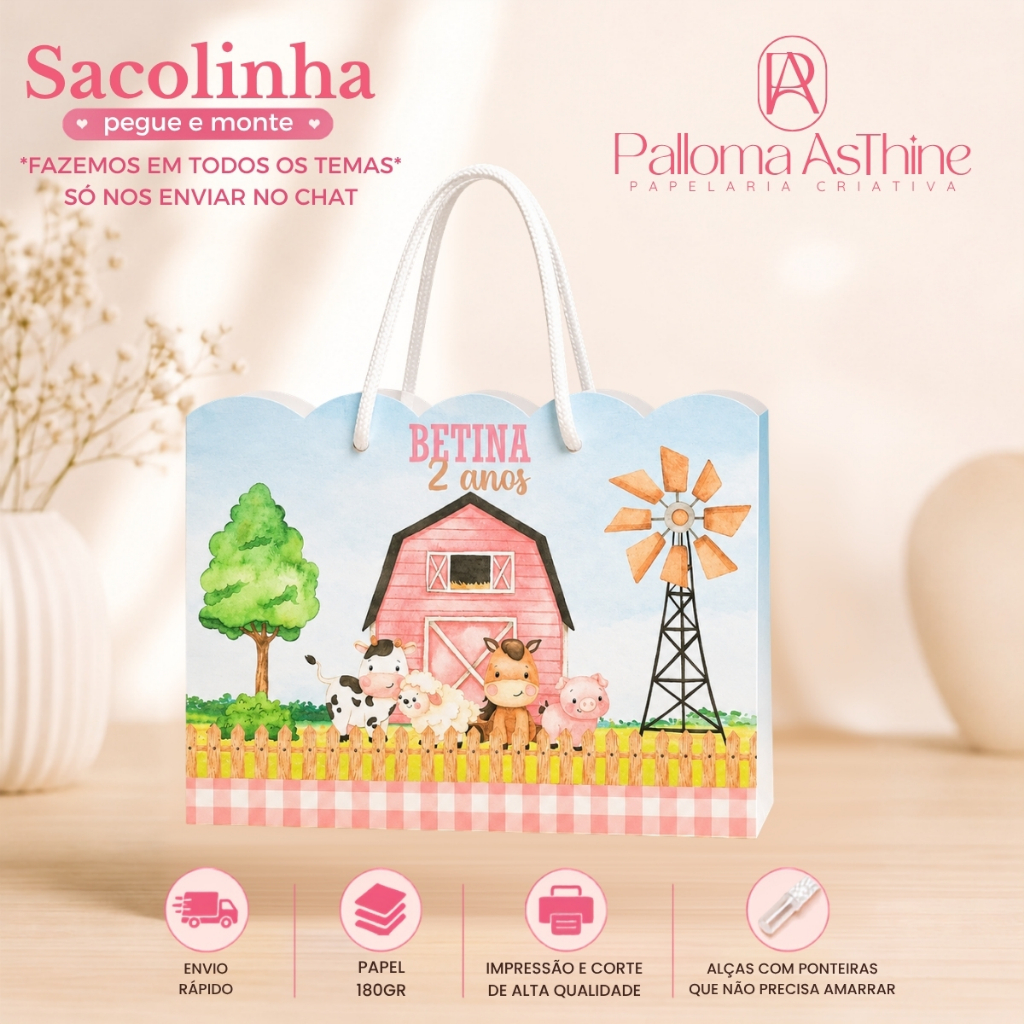 Sacolinha pegue/monte fazendinha rosa menina lembrancinha personalizada aniversário 20x15x7cm