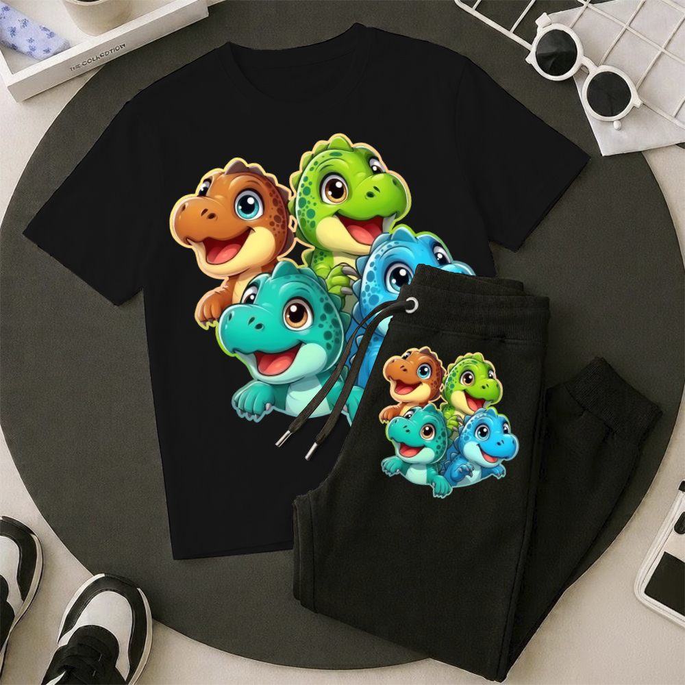 Camiseta e Calça Jogger Dinossauro Colorido Conjunto Masculino T-shirt Blusa Wide Leg Tamanho 2 16