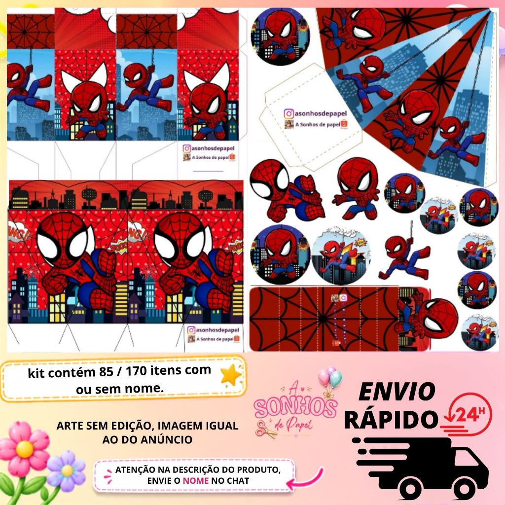 KIT COM 85 OU 170 ITENS LEMBRANCINHA PERSONALIZADA - TEMA HOMEM ARANHA l CUTE l ENVIO RAPIDO