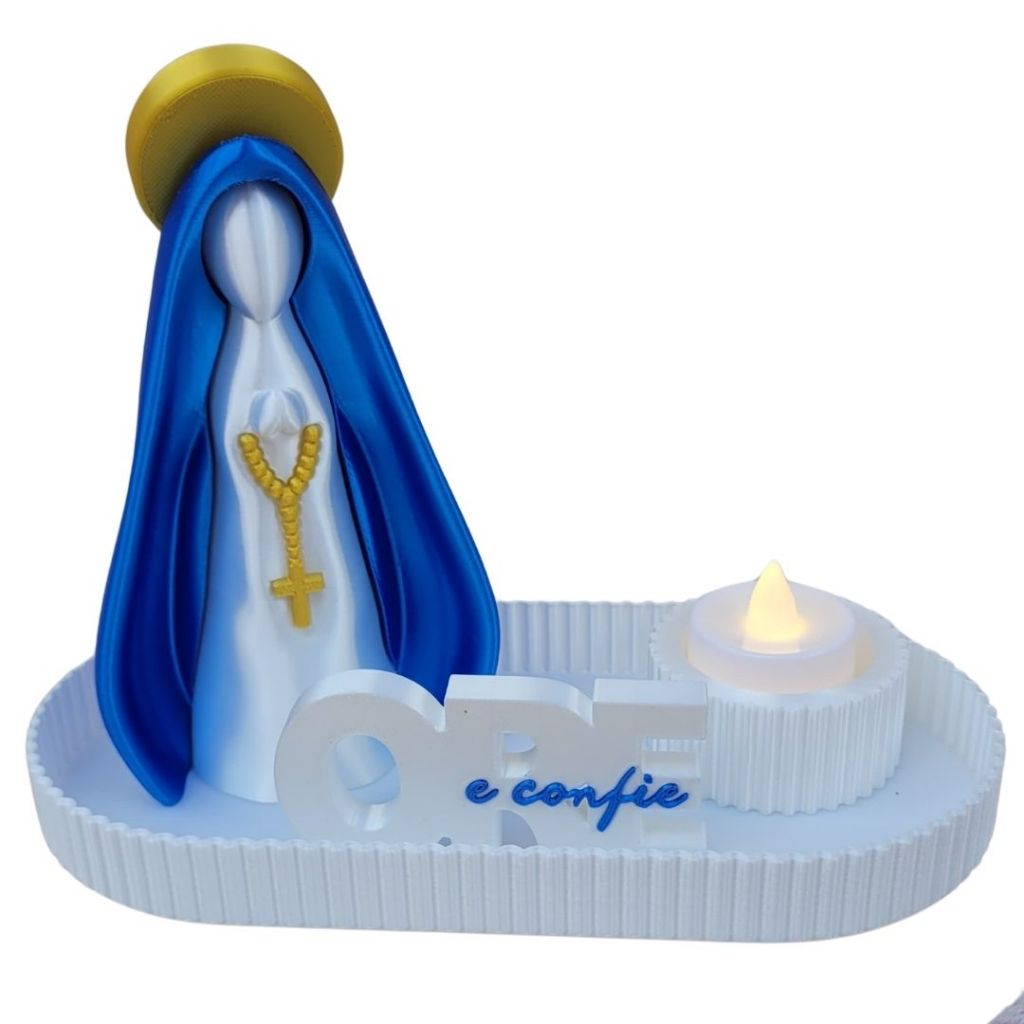 Kit Nossa Senhora com Vela LED + Bandeja Estilo Terço – Mini Altar Decorativo Religioso | Imagem Católica para Lar