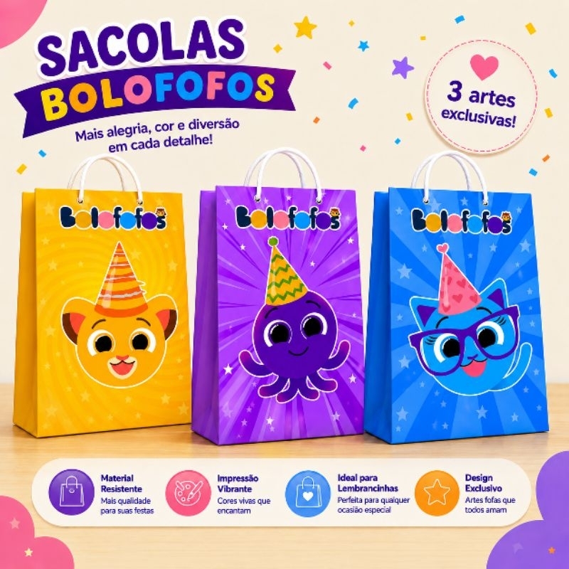 15 Sacolinha Personalizada Bolofofos 16x4x10cm | Lembrancinha Aniversário Infantil