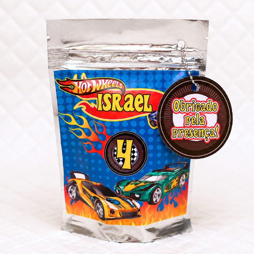 Saquinho Metalizado Zip Lock 10x15 ou 12x19 cm personalizado Hotwheels lembrancinha aniversário festa infantil