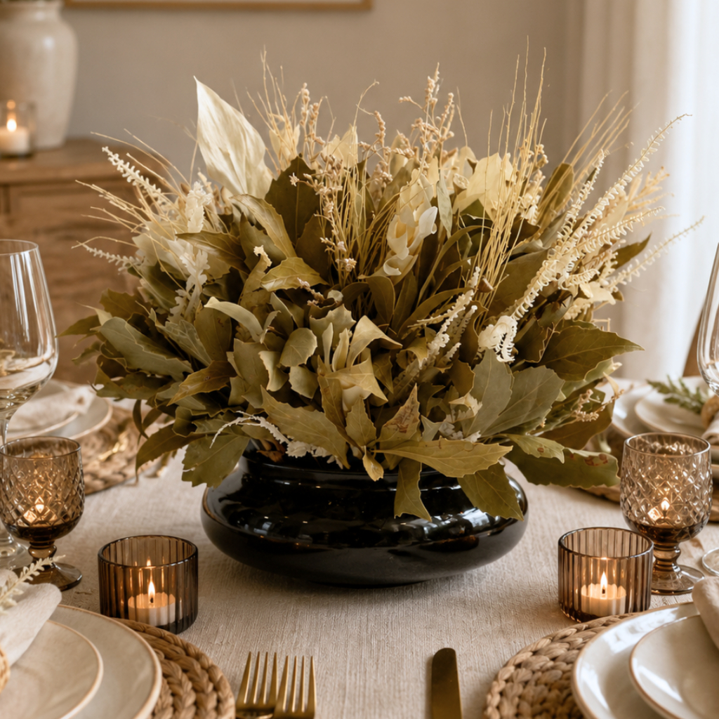 Centro de Mesa Decorativo com Flores Desidratadas – Arranjo para Mesa de Jantar Decoração Mesa Posta - Ébano