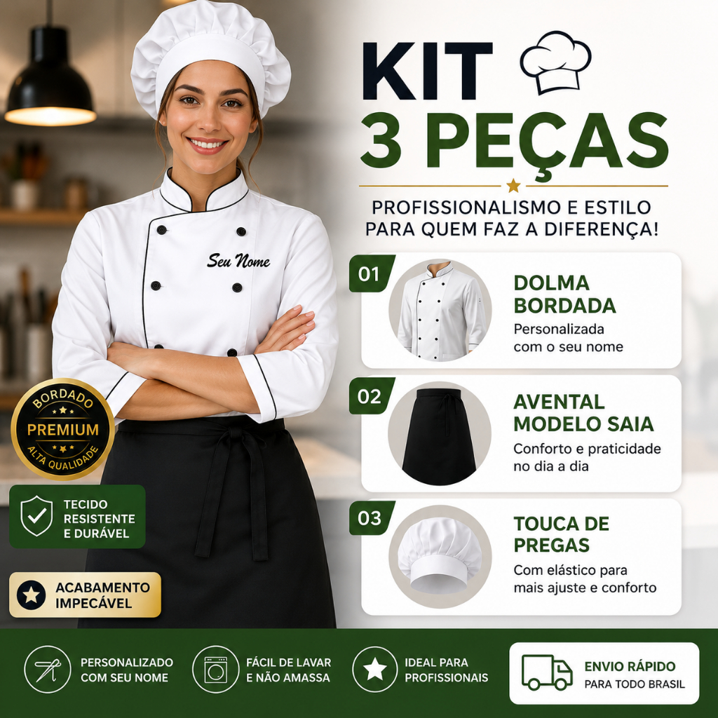 Kit Dolma Personalizada Com Saia E Touca Restaurante Chef nome