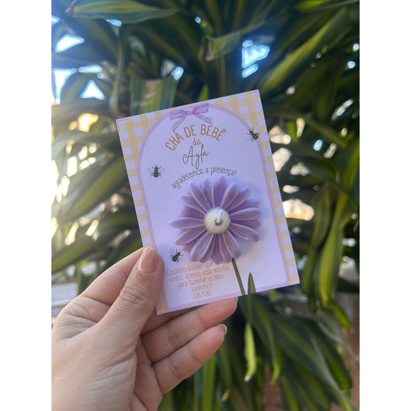 ​Kit 60/80/100 Lembrancinha Maternidade Chá de Bebê Batizado Vela Aromática Margaridarida/Girasol Cartão Personalizado