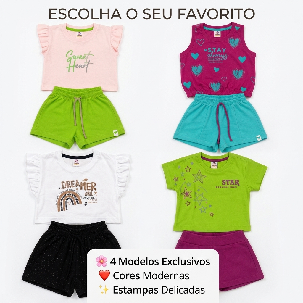 Conjunto Infantil Feminino 4 Modelos Sortidos Blusa Cropped, Babadinho, Regata e Saia-Short Cores Aleatórias