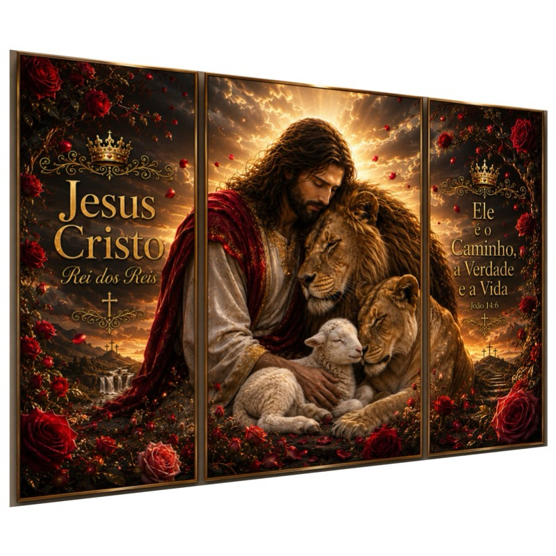 Quadros Decorativos Religioso Jesus Cristo,Leão com Leoa e Cordeiro 3 Peças Religioso Decoração Sala Quarto Escritório