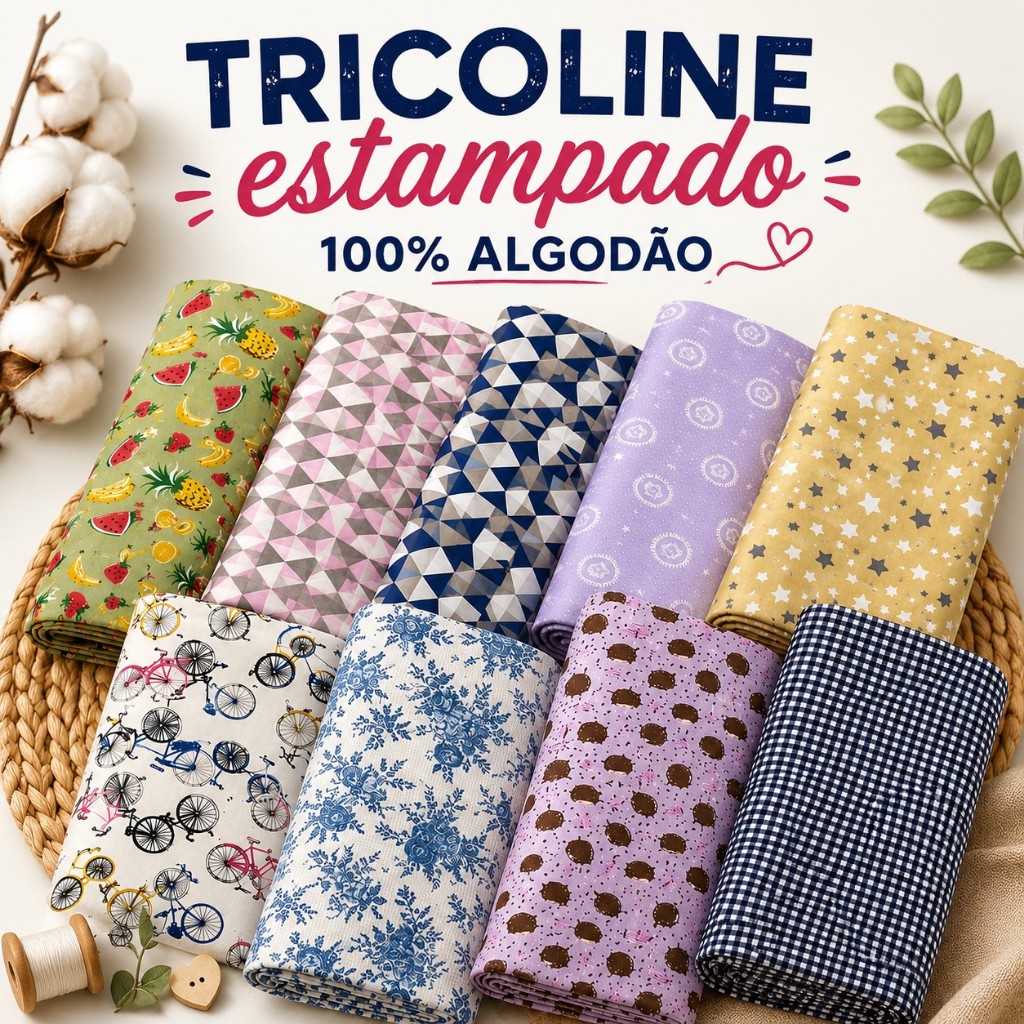 Tecido Tricoline 100% Algodão 50cm x 1,50m | Florais, Infantis, Poás e Listrados | Est. 289 a 352 e NV134