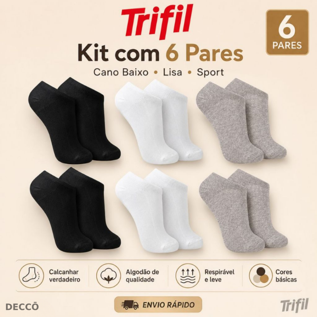 Kit 6 Pares Meia Trifil Cano Curto Esportiva Lisa Moderna Básica Algodão Calcanh