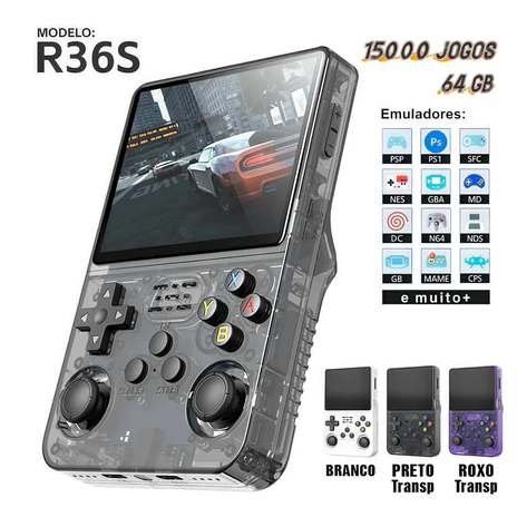 Console Gamer Portátil R36S Linux 64GB + 15.000 Jogos Tela IPS 3,5 Polegadas