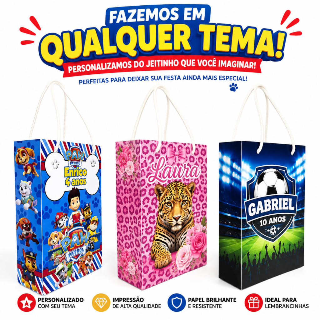 Kit 10 | 15 | 20 | 30 | 40 Sacolinhas QUALQUER TEMA para Lembrancinhas Personalizadas Festa Infantil aniversario