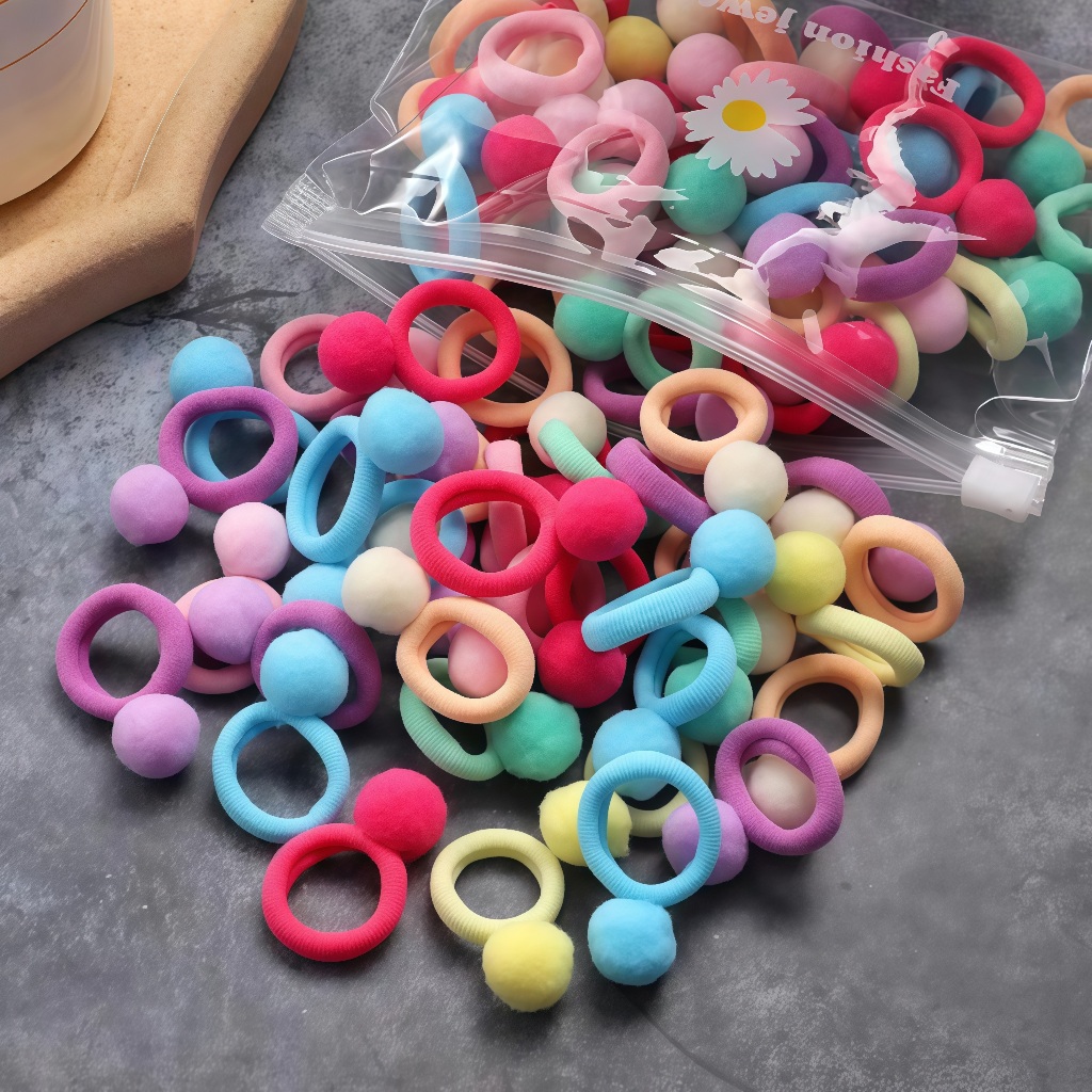 KIT 100 Mini Elástico com pompom tipo meia xuxinha para cabelo Com Enfeite cor aleatorio