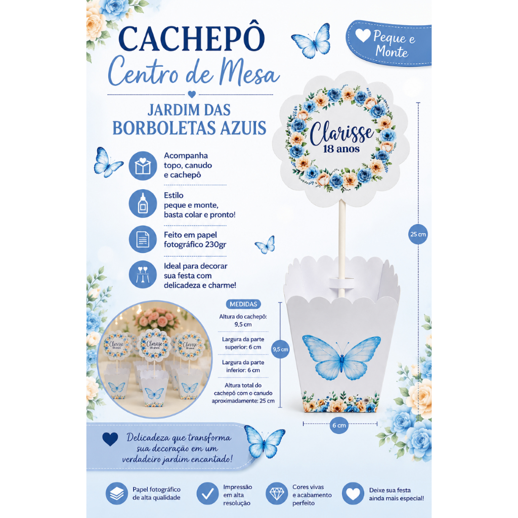 Centro de mesa personalizado Lembrancinha de mesa Cachepo personalizado Jardim das borboletas azuis (PEGUE E MONTE)