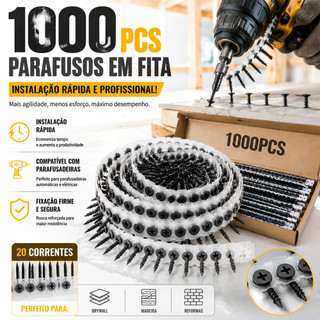 1000 Parafusos Em Fita Para Parafusadeira Drywall Madeira Fixação Rápida 20 Correntes
