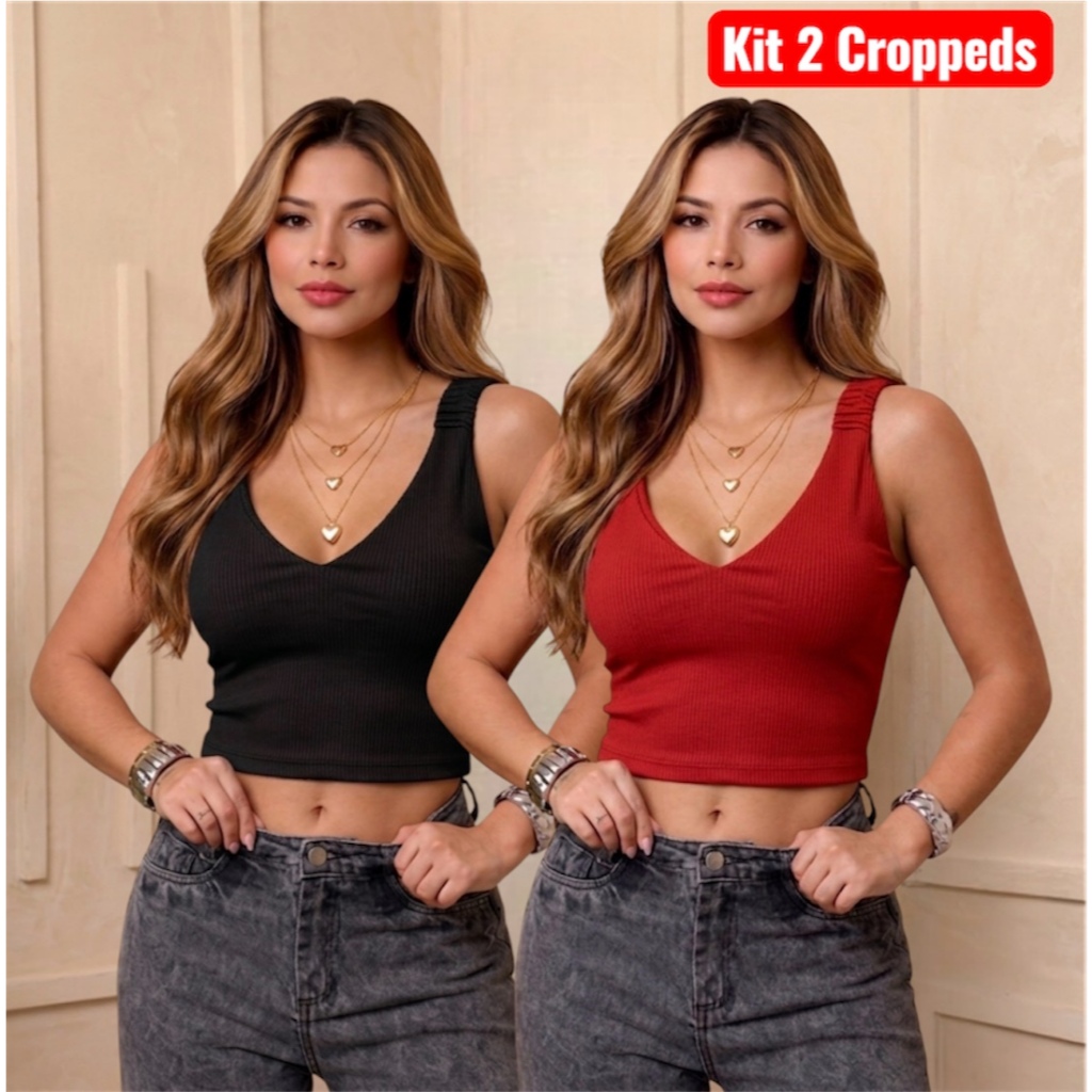 Kit 2 Blusas Feminina Top Cropped Confortável Canelado Com Forro Alças com Elastico Básico Elegante