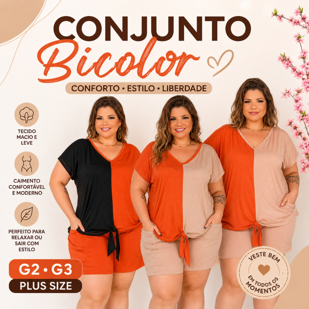 Conjunto Feminino Conjunto Feminino Plus Size Cargo Bicolor Blusa Short Grande Bermuda 48 50 G2