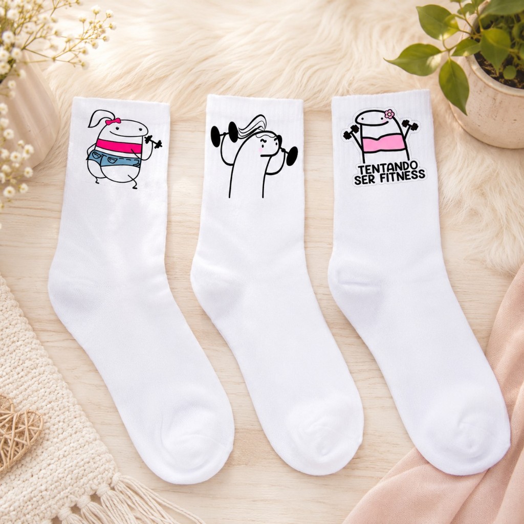 Kit 3 Pares de Meia Feminina Fitness Estampa Menina Florks Academia Treino Crossfit Maromba