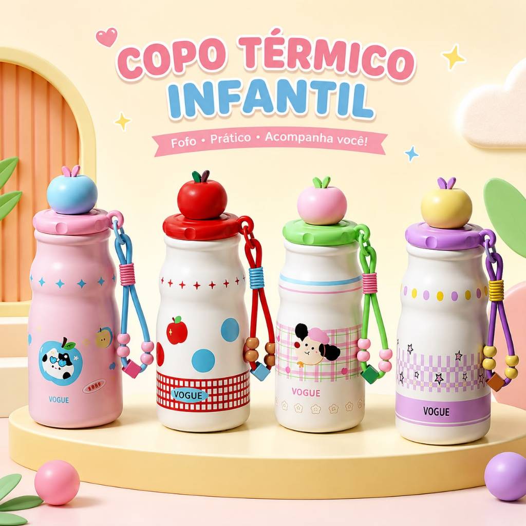Garrafa Térmica inox Infantil Portátil 500ML Com Desenho e Alça para Criança Transporte Escola