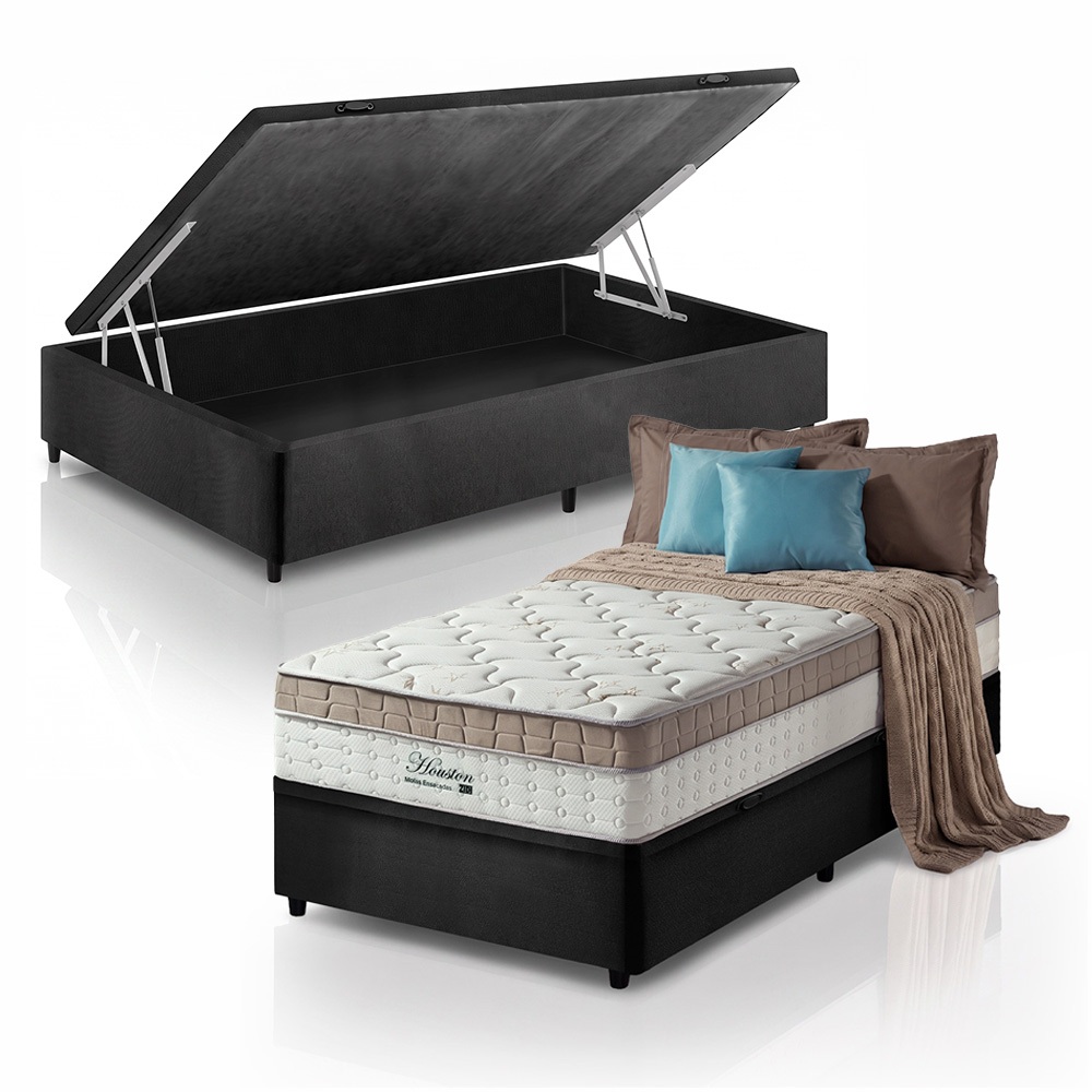 Cama Box Baú Solteiro Preto + Colchão Molas Ensacadas Pillow In Zidi Houston 88x188x70cm