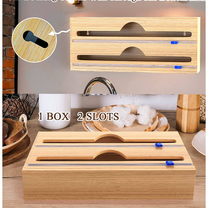 Porta Rolo Duplo Organizador Bambu Papel Alumínio Filme PVC Cortador Dispenser Cozinha Suporte
