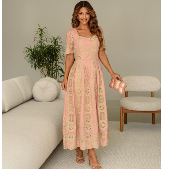Vestido Renda Rechilieu Laise Longuete Todo Bordado Forrado Feminino Elegante Evangelico Casamento Batismo — imagem 2 de 2
