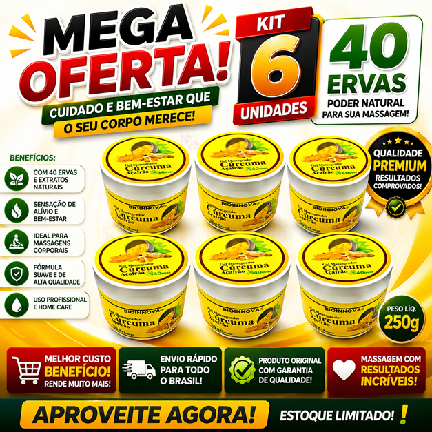 Kit 6 Gel Massageador Cúrcuma Açafrão 40 Ervas 250g - Bioinnova