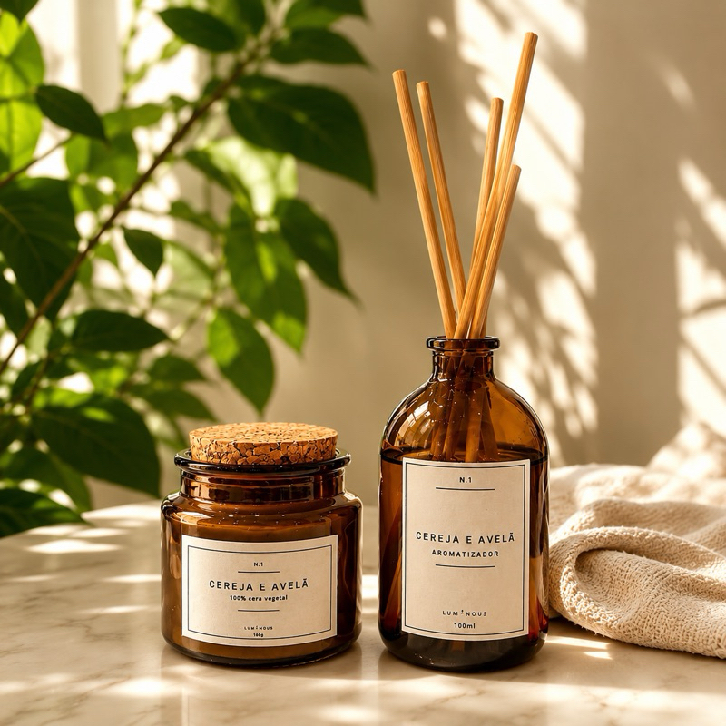 kit de vela aromática + aromatizador - coleção vintage (cereja e avelã)