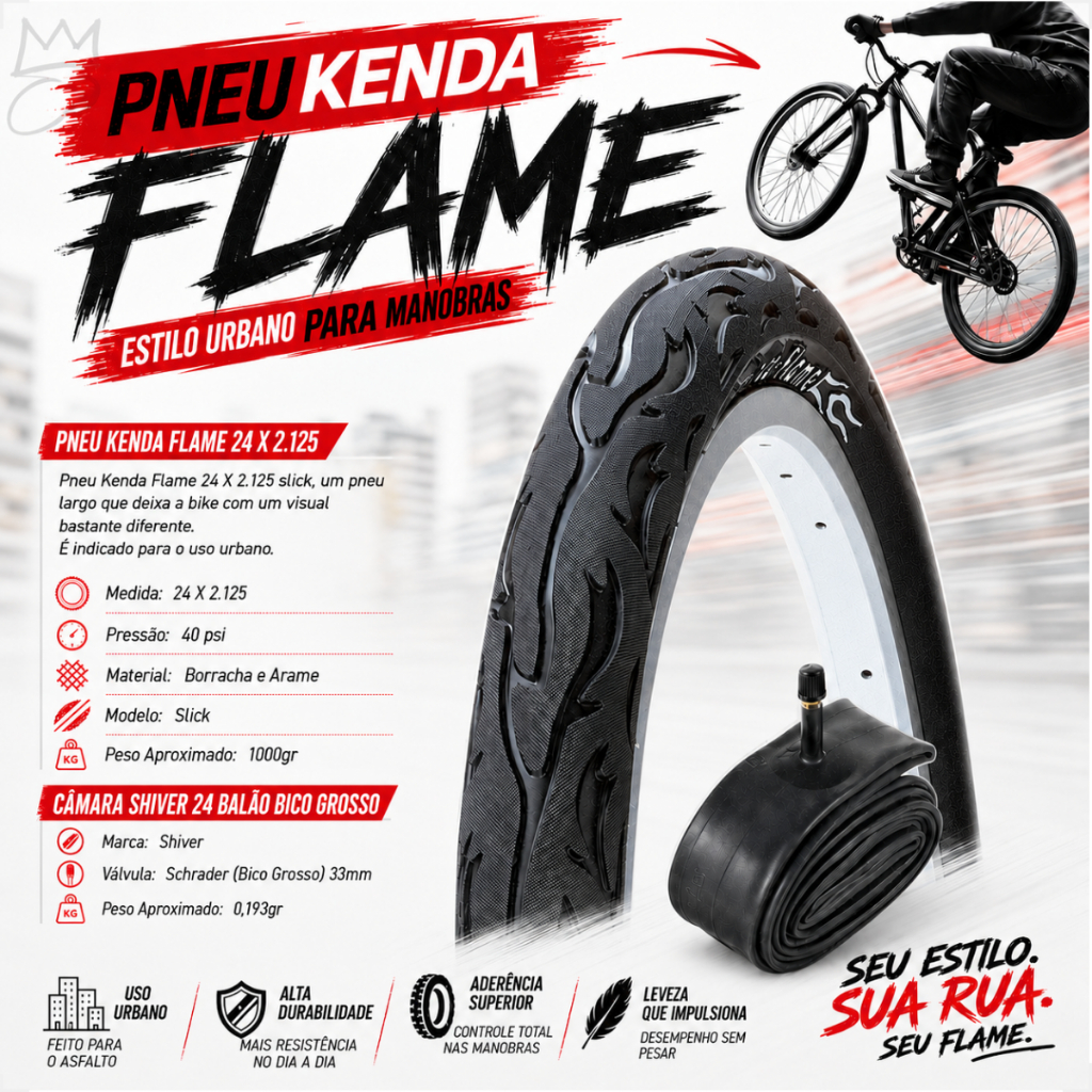 Pneu Bicicleta Kenda Flame Aro 24 x 2.125 Balão + camara de ar Shiver 24 Montadinha freeride manobra