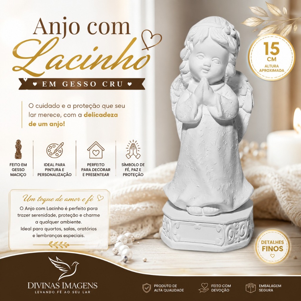 Anjo da Guarda Infantil 15cm Gesso Cru Retocado | Imagem Católica Artesanal | Presente Religioso para Batizado e Bebês