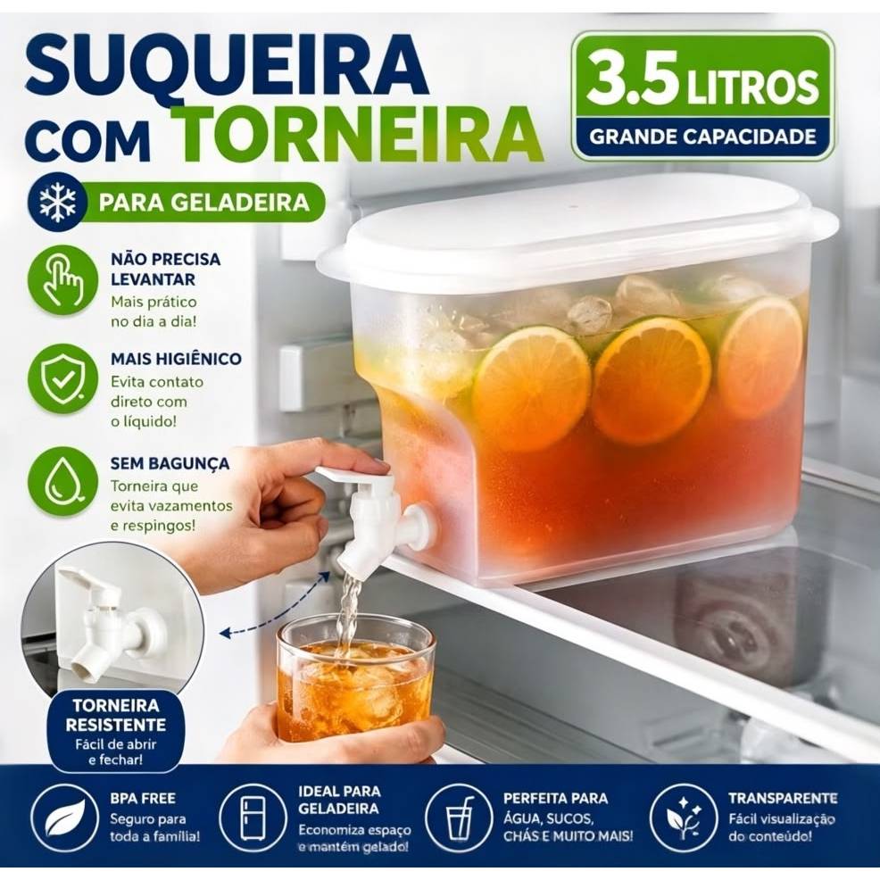 3.5L Suqueira Plastica Com tampa Para Geladeira Com Torneira Capacidade 3.5 Litros Para Agua Saborizada