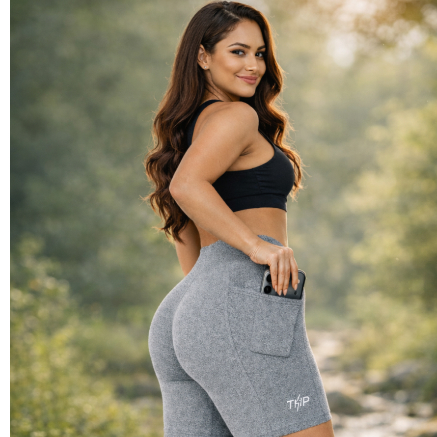 Short Fitness Feminino Poliamida Cintura Alta com Bolso para Celular Zero Transparência Academia Cinza Mescla