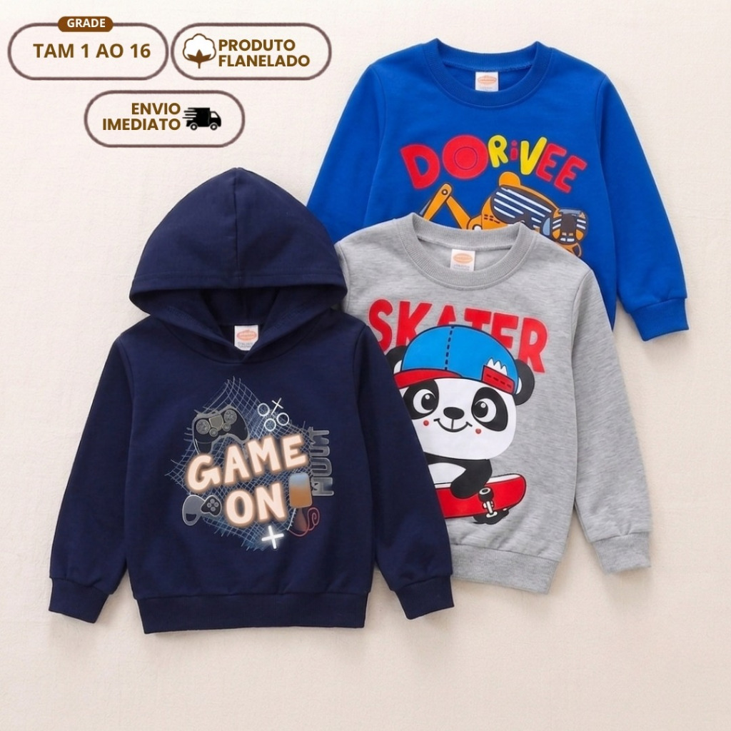 Kit 3 Casaco de Moletom Menino Blusa Masculina Infantil Flanelada e Forrada com Punho Lisa ou Estampada 1 ao 16 anos