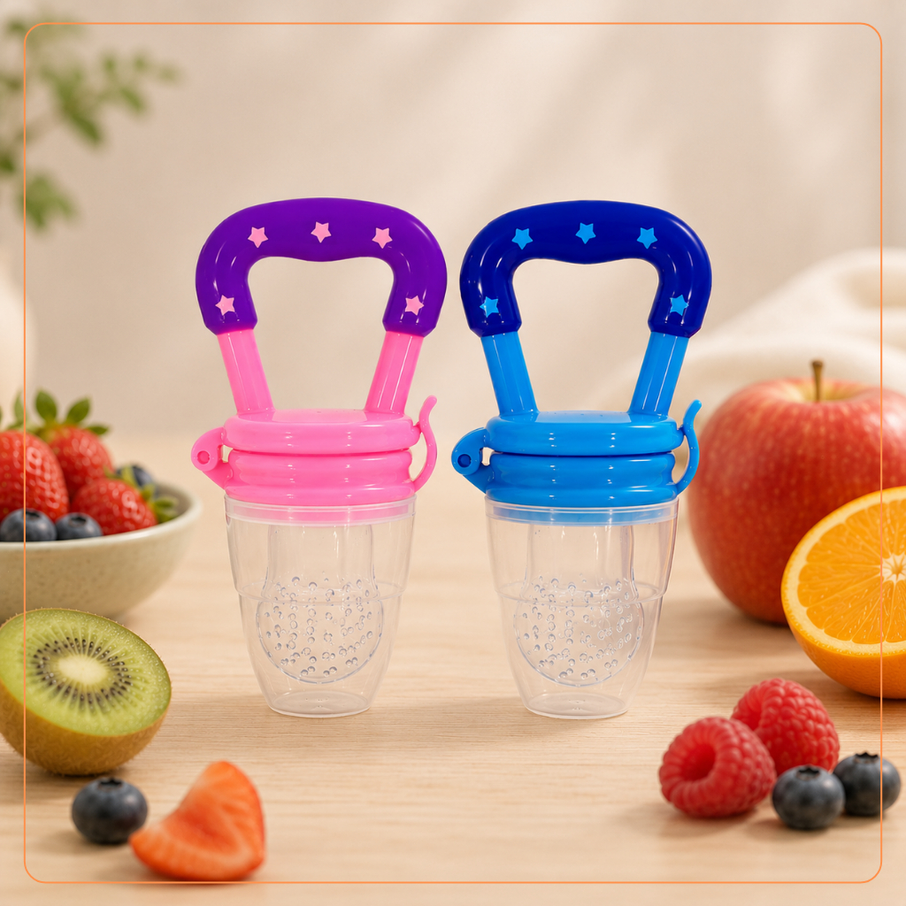 Mordedor Chupeta Alimentadora Bebê Silicone Porta Frutas Dentição Introdução Alimentar Azul e Rosa