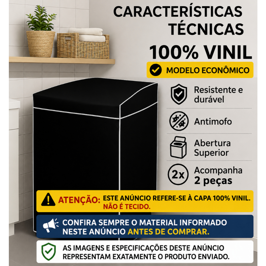 Capa para Maquina de Lavar Vinil, Abertura Superior | Brastemp Consul Electrolux 9kg a 15kg