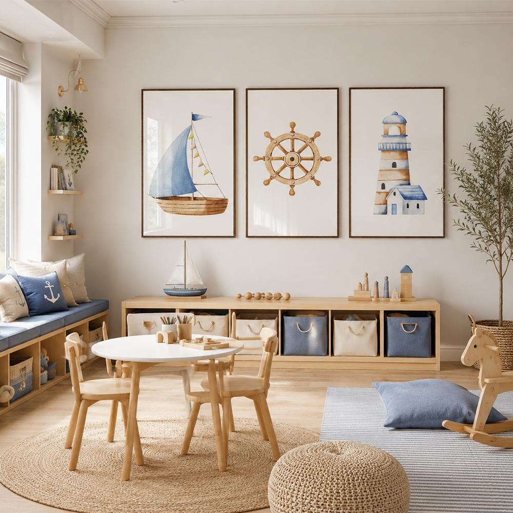 Quadro Decorativo 3 Peças Decoração Marítima Barco, Timão e Farol Moldura 50x75