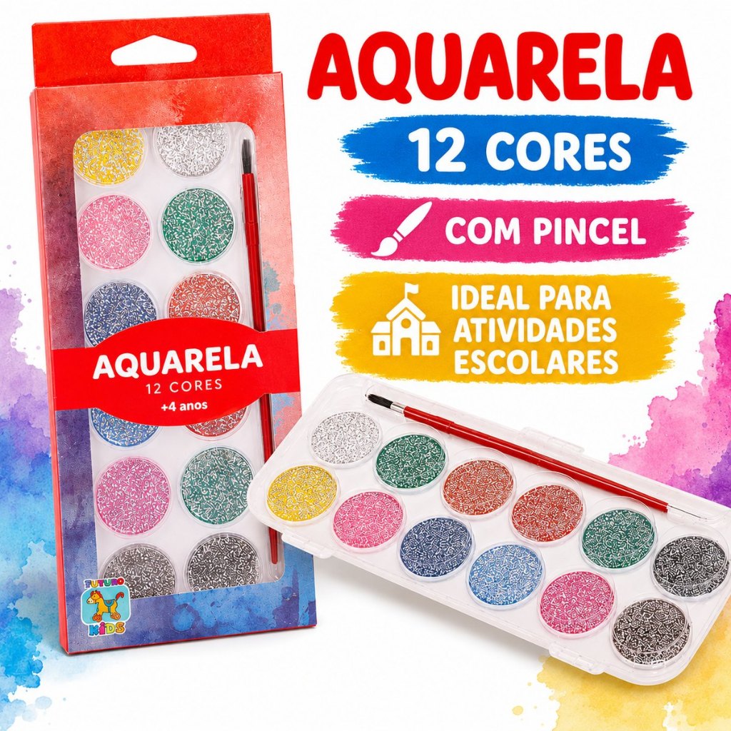 Kit 50 Aquarelas Infantis 12 Cores com Pincel Escolar Pintura Arte Artesanato Lembrancinha