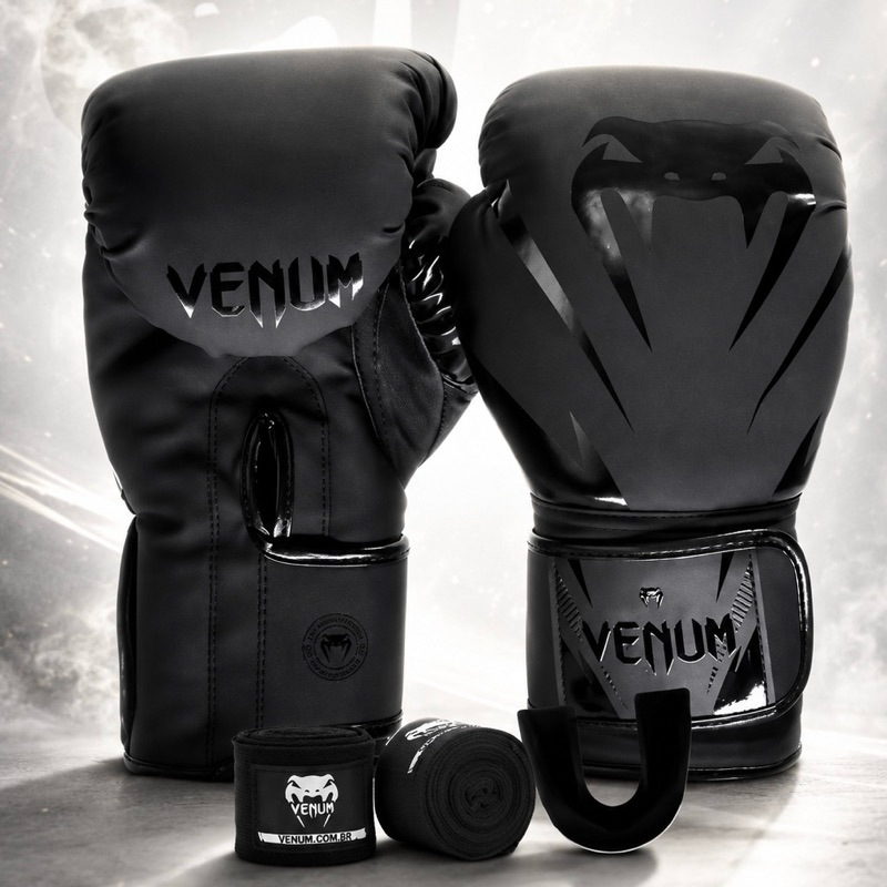 Kit Luva Venum Impact Evo Dark Muay Thai Boxe+bandagem+ Protetor bucal preto preta