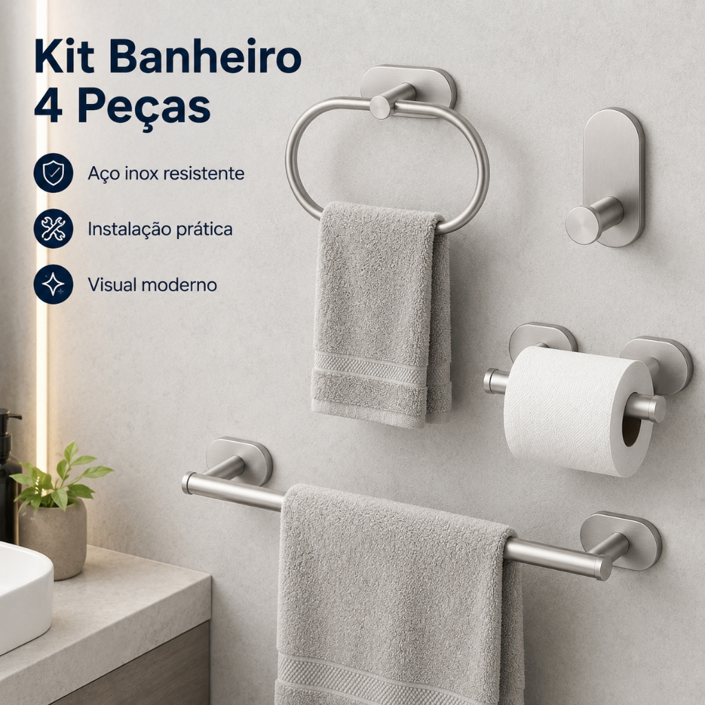 Kit 4 Peças Acessórios para Banheiro Adesivo Sem Furação Aço Inox Toalheiro e Gancho
