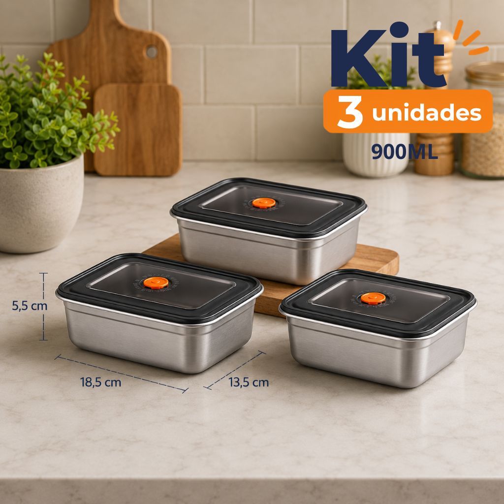 Pote Inox Hermético 900ml Grande com Tampa Vedada Marmita Refeições Cozinha Freezer Fitness