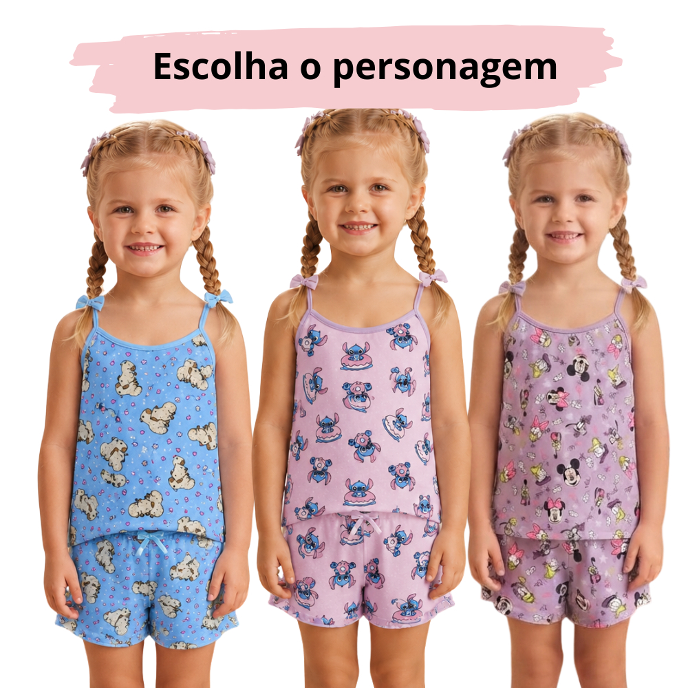 Baby Doll Infantil Pijama Feminino Short Personagens Verão Alça