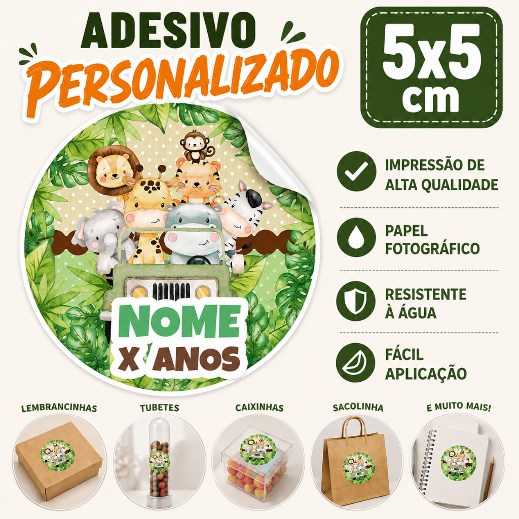 Adesivo Animal Safari Redondo 5x5 Lembrancinha Festa Aniversário Infantil Verde Personalizado Nome