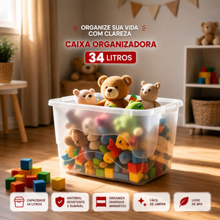 3 Caixas Organizadoras 34 Litros Transparente de Plástico Para Brinquedos Livros Roupas