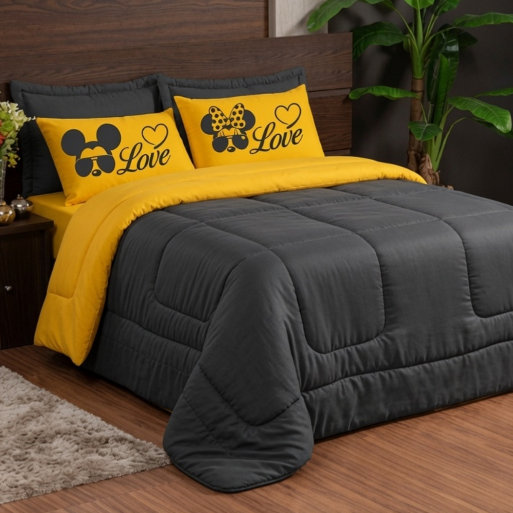 Kit Edredom Queen 5 Peças Dupla Face Estampado Microfibra com Porta Travesseiros