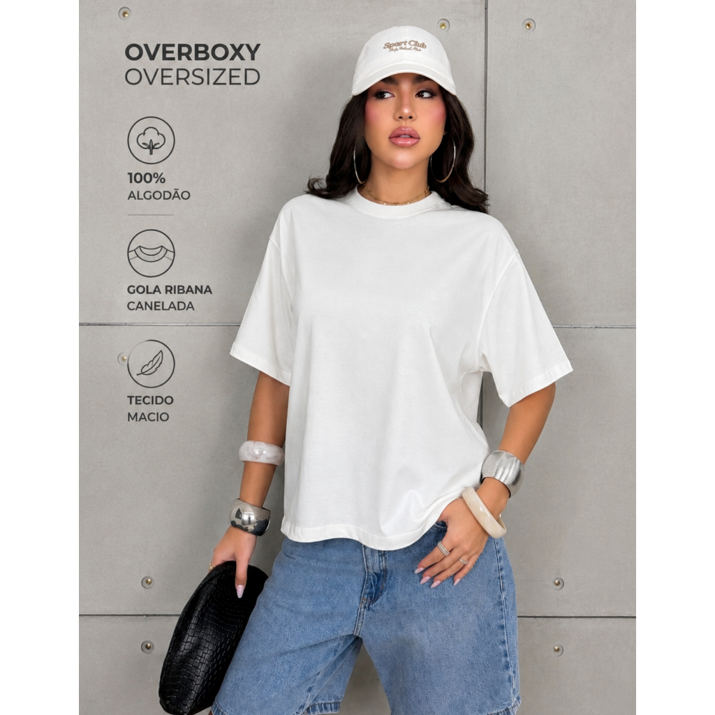 Blusa Feminina T-shirt Camiseta Oversized Overboxy Básica 100% Algodão Confortável Gola Ribana