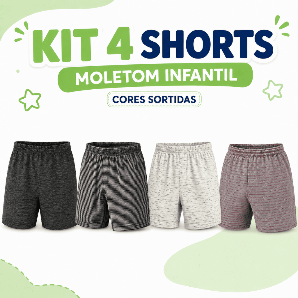 KIT 4 SHORTS MOLETOM BERMUDA MENINO INFANTIL JUVENIL CORES SORTIDAS TAM 4,6,8,10,12 ACABAMENTO DE QUALIDADE