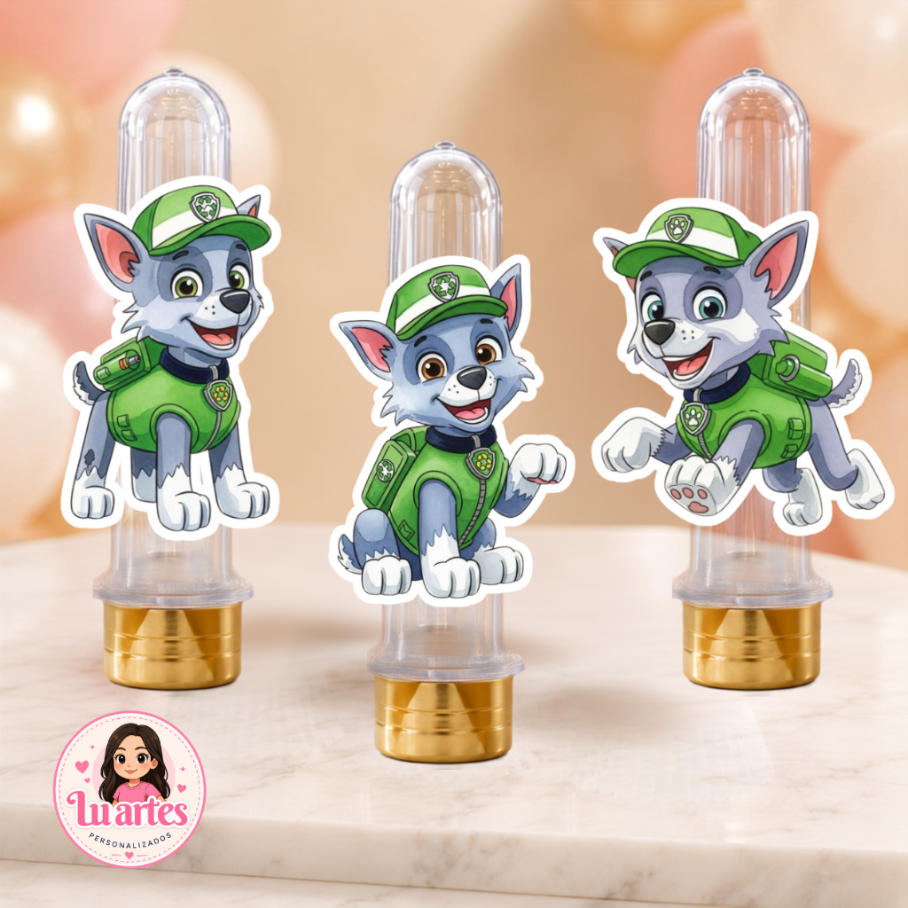 Aplique para Tubete Rocky Patrulha Canina Aquarela Personalizado Festa Infantil Papel Fotográfico Decoração Aniversário