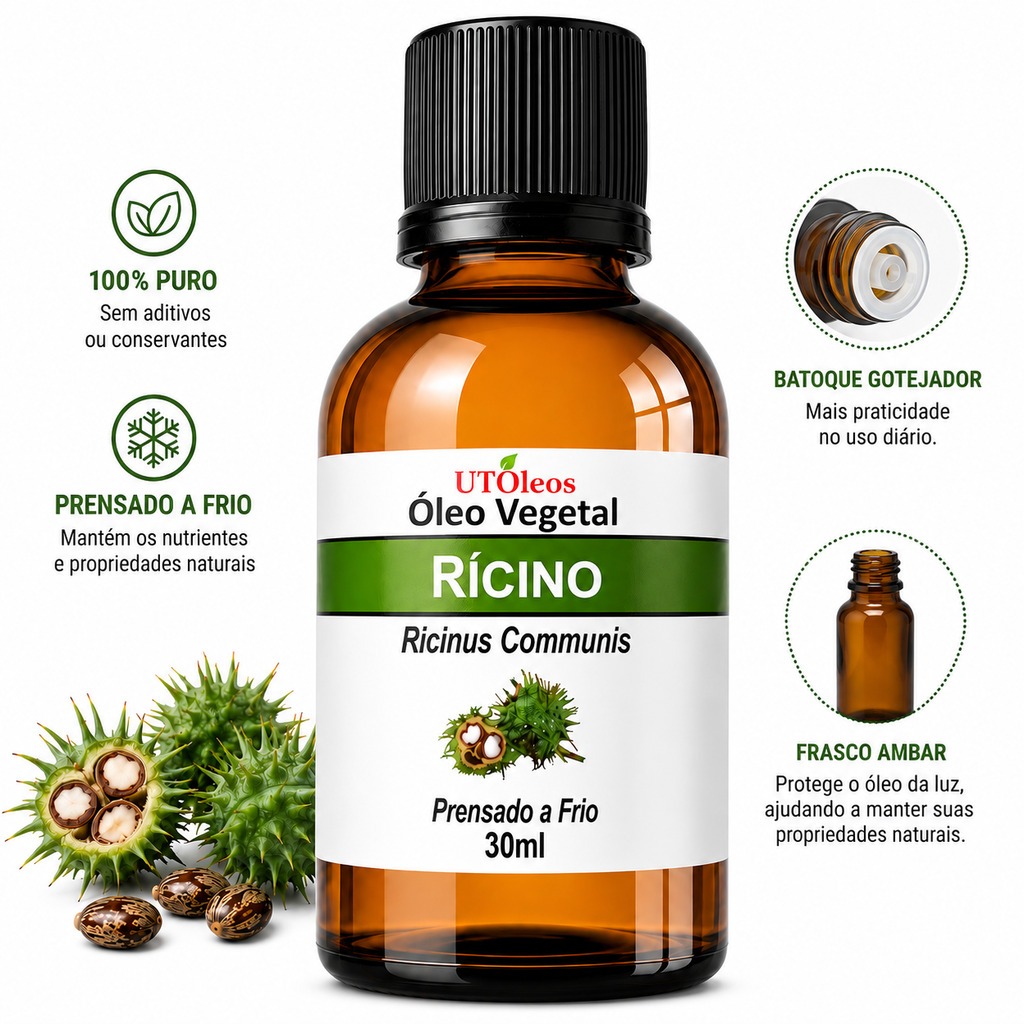 Óleo Vegetal De Rícino 100% Puro Prensado A Frio Nutrição Cabelo Sobrancelha Cílios Barba Unhas 30ml
