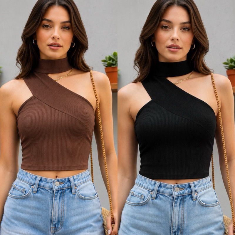 Blusa Cropped Gringa Um Ombro Blusinha Blogueira Gola Alta Tendência